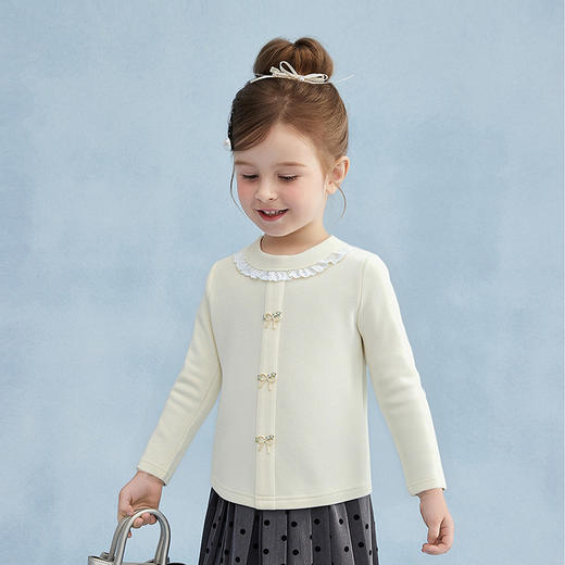 笛莎Deesha 童装女童T恤2025冬新款女童优雅花边蝴蝶结装饰T恤 商品图1