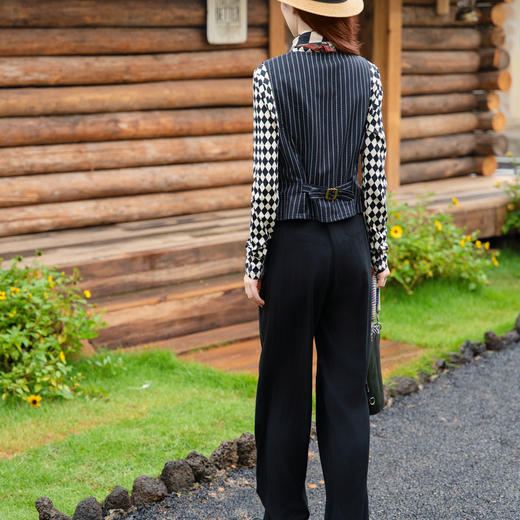 谜底无领西装马甲女2025秋新款复古风通勤条纹修身马夹257MM7722 商品图5