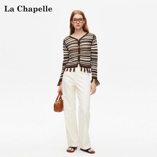 天猫同步【时髦复古】拉夏贝尔/La Chapelle复古小众流苏条纹长袖针织开衫女V领短款毛衣 商品图1