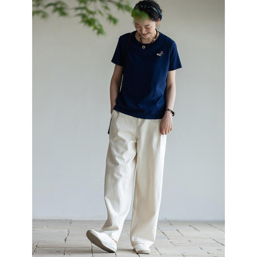 牧衣游原创 棉麻净色手工刺绣休闲裤通勤百搭简约宽松阔腿裤 南亭 商品图1