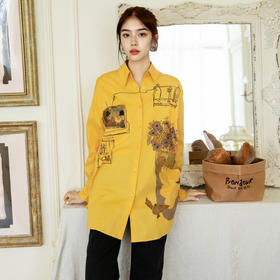 谜底印花衬衫长袖女2025秋季新款复古大廓形中长款衬衣257MC7717