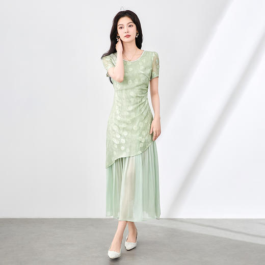 「高货wl」全新升级【铂金会员349/天猫469/差价120】(01727)洛诗琳法式浪漫钉珠连衣裙2025夏季收腰显瘦提花拼接裙子 商品图1