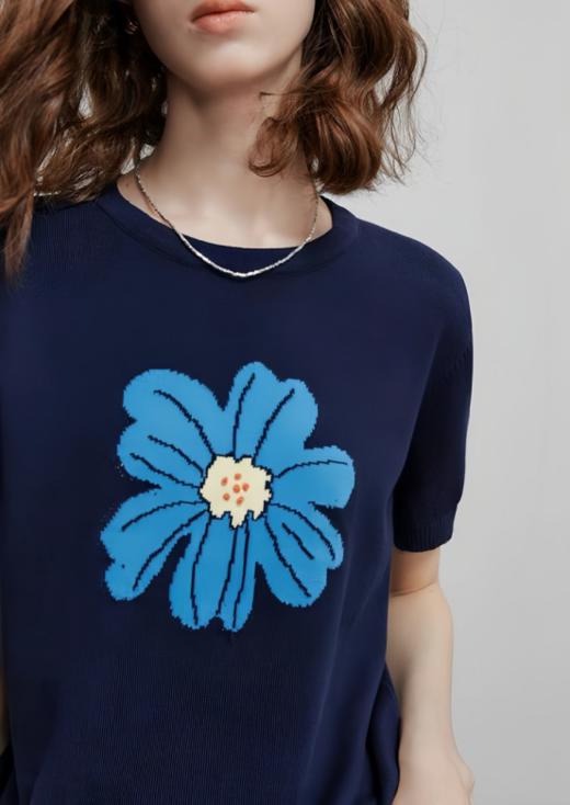 💥【MOMOTIABIN圆领撞色花朵提花YMC173】🌸藏青撞湖蓝!配色真的绝了‼️‼️ 👏高级又低调!绿绒蒿提花针织衫，☺️上身妥妥的气质女主，还是老渠道!  商品图3