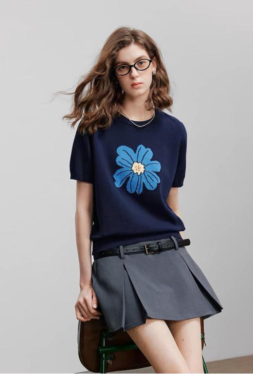 💥【MOMOTIABIN圆领撞色花朵提花YMC173】🌸藏青撞湖蓝!配色真的绝了‼️‼️ 👏高级又低调!绿绒蒿提花针织衫，☺️上身妥妥的气质女主，还是老渠道!  商品图0