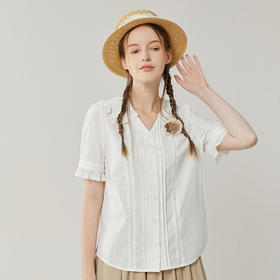 famecoco范可儿小v领白衬衫女夏款花边袖上衣小众设计感FAB3BH024