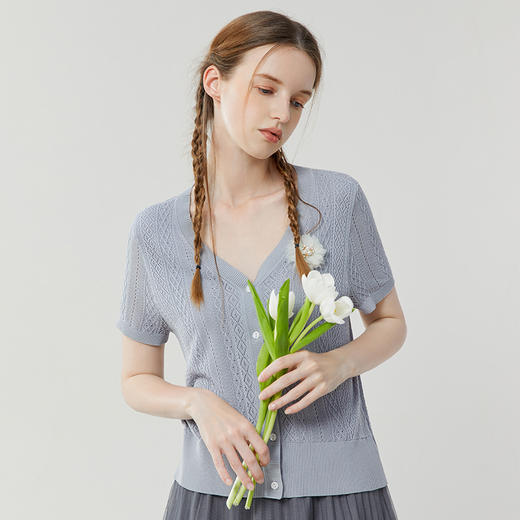 Famecoco范可儿钩织风针织上衣女夏季天丝短袖薄款打底衫FAB3DA002 商品图0