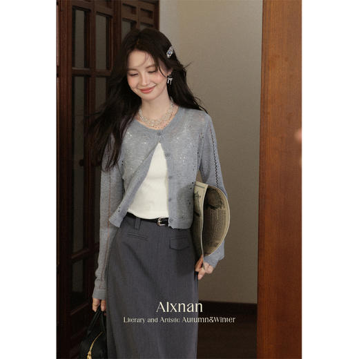 鹿向南「月缠织纹」灰色长袖毛针织衫秋季新款通勤圆领镂空开衫女 商品图3