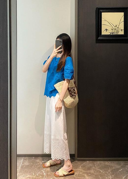 法式刺绣镂空花边纯棉休闲直筒八九分阔腿裤 商品图3
