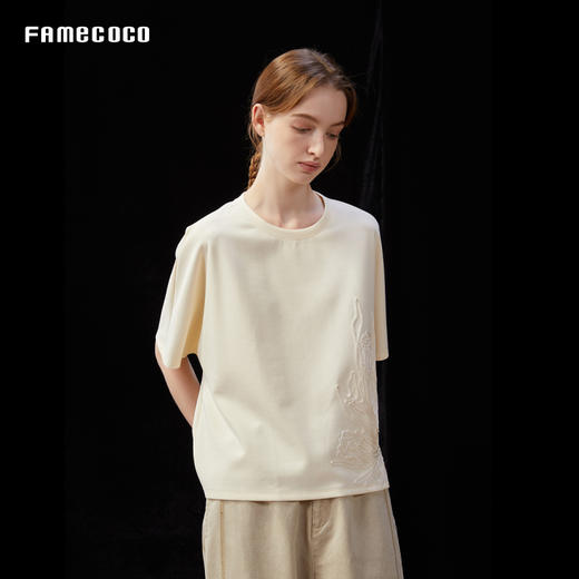 Famecoco范可儿高级感盘绳绣花宽松圆领T恤25夏穿搭新品FAD3BB007 商品图1