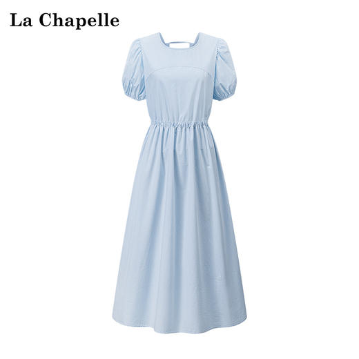 会员福利【100棉！透气亲肤】拉夏贝尔/La Chapelle法式纯色圆领后背交叉系带泡泡袖连衣裙长裙女 商品图0