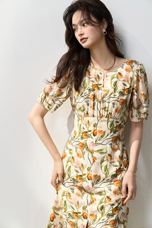 新款裙型郁金香印花鱼尾下摆收腰显瘦连衣裙 商品图2