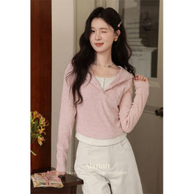 鹿向南「胭脂水粉」粉色假两件正肩长袖t恤衫女早秋短款法式上衣