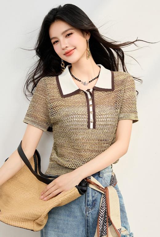 赛琳新款POLO领镂空莱赛尔天丝花纱复古衫 商品图2