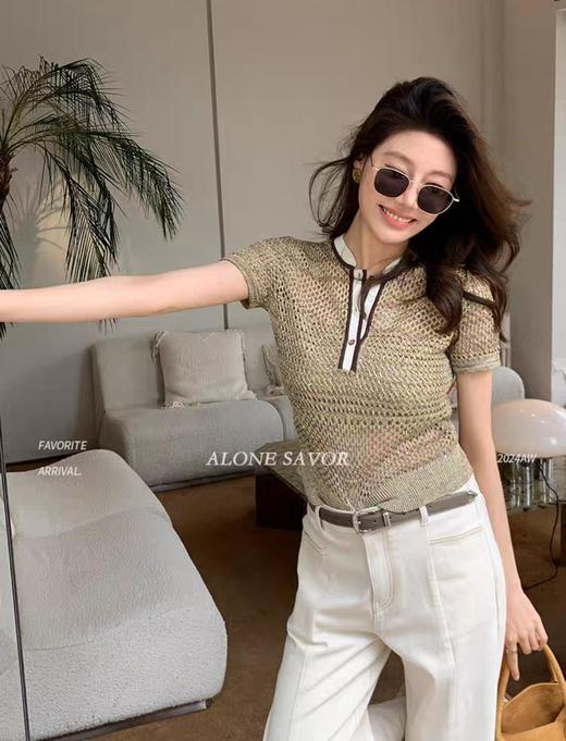 赛琳新款POLO领镂空莱赛尔天丝花纱复古衫 商品图0