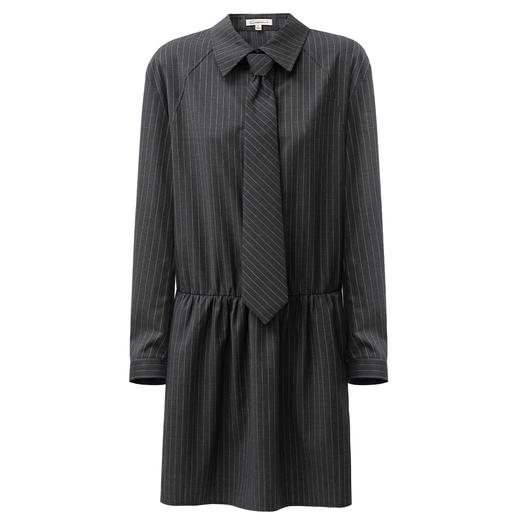 SELFWHO羊毛混纺灰色条纹连衣裙女2025季秋新款可拆卸领带衬衫裙 商品图4