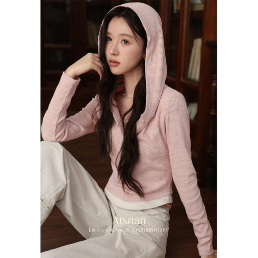 鹿向南「胭脂水粉」粉色假两件正肩长袖t恤衫女早秋短款法式上衣 商品图3