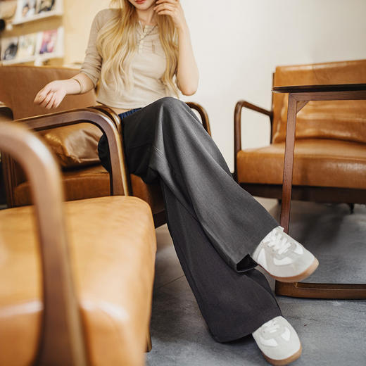 马登黑色窄版撞色宽松紧腰头拼接直筒裤垂感休闲长裤小个子女士夏 商品图4