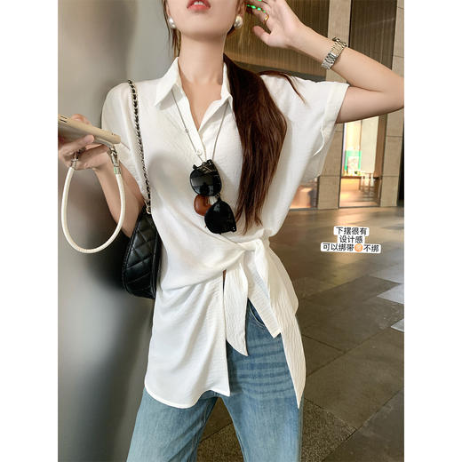 <曾小咸推荐>韩系白色绑带设计感显瘦短袖衬衫 商品图1