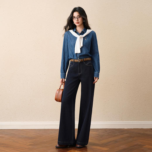 【严选】诗凡黎纯棉牛津纺猫咪刺绣牛仔衬衫2025秋新款通勤显瘦上衣外套女7G7120821 商品图1