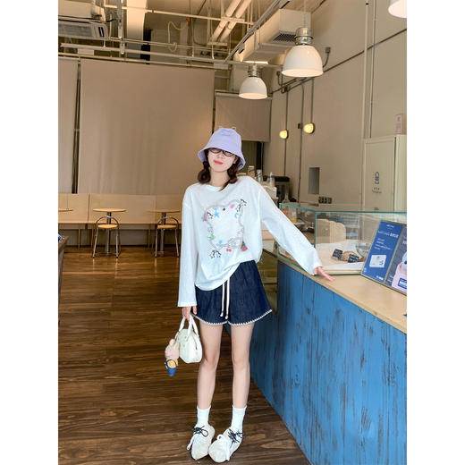 【169元任选2件】最后一波现货！！撞色贝壳绣串珠抽绳牛仔短裤 商品图2