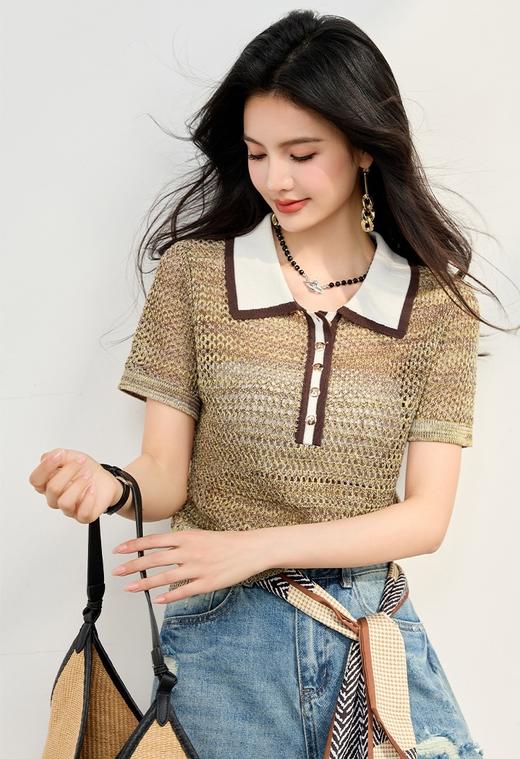 赛琳新款POLO领镂空莱赛尔天丝花纱复古衫 商品图4