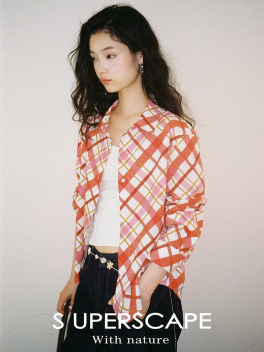 素舶 纯棉亲肤透气夏日度假感老钱风红色蓝色格纹印花收腰衬衣 商品图0