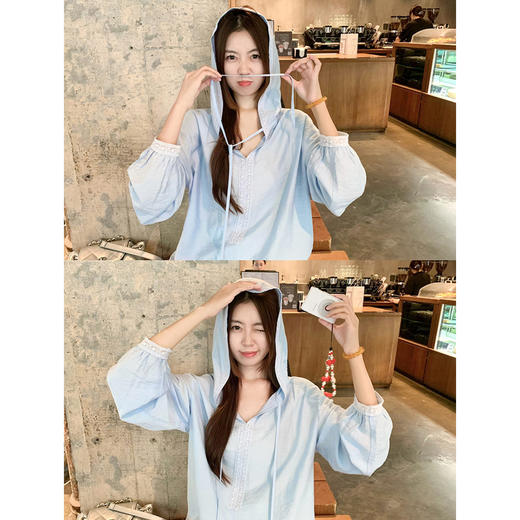 <曾小咸推荐>韩系浅色系连帽套头系带长袖T恤 商品图4