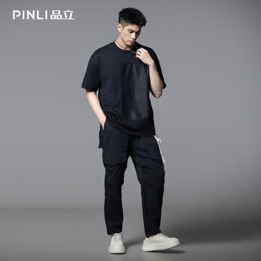 PINLI品立2025夏季新款肌理烫银拼接短袖T恤男潮牌百搭宽松体恤衫B252111036 商品图1