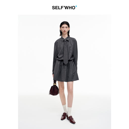 SELFWHO羊毛混纺灰色条纹连衣裙女2025季秋新款可拆卸领带衬衫裙 商品图0