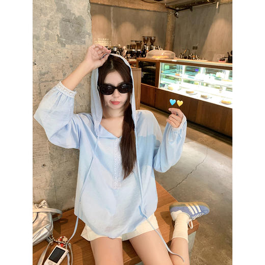 <曾小咸推荐>韩系浅色系连帽套头系带长袖T恤 商品图0