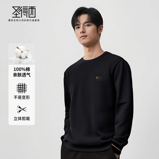 圣得西纯棉刺绣圆领T恤男款2025年秋季新款男士商务休闲长袖卫衣 商品图2