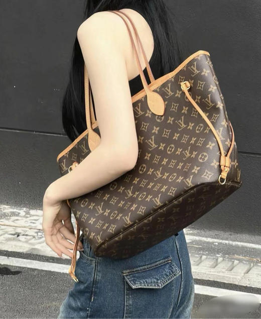 LV neverfull 中号 老花 粉条纹内衬 单肩包 商品图3