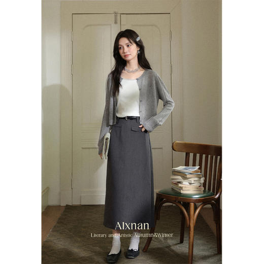 鹿向南「月缠织纹」灰色长袖毛针织衫秋季新款通勤圆领镂空开衫女 商品图4