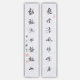 陈永锵《爽借清风明借月 动观流水静观山》书法69*13CM 手写宣纸对联