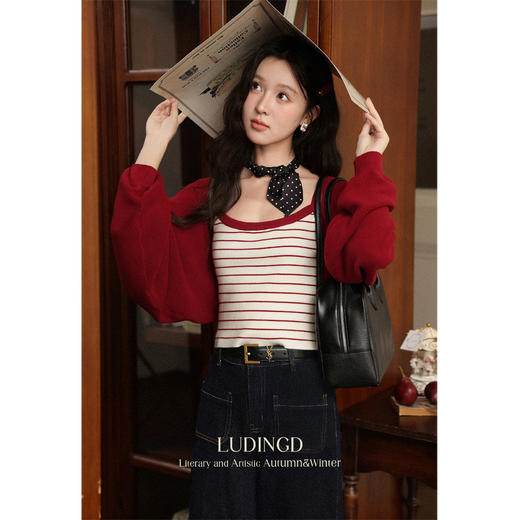 鹿向南「晨露玫瑰」法式复古红色针织开衫女早秋气质短款长袖外搭 商品图3