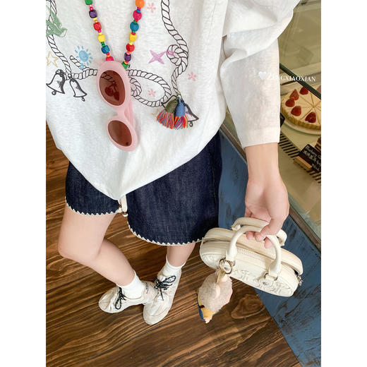 【169元任选2件】最后一波现货！！撞色贝壳绣串珠抽绳牛仔短裤 商品图3