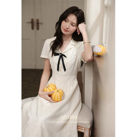 鹿向南「风起时分」杏色法式显瘦收腰蝴蝶结短袖连衣裙女夏季长裙