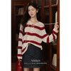 鹿向南「复古元素」复古红色镂空条纹针织衫女初秋慵懒风长袖上衣 商品缩略图0
