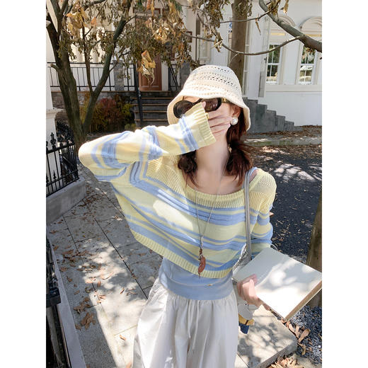 <曾小咸推荐>黄蓝条纹针织罩衫背心两件套 商品图0