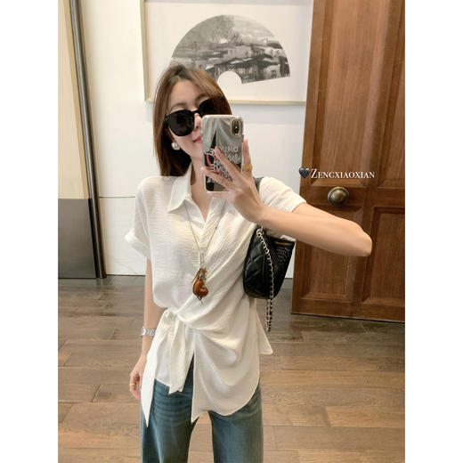 <曾小咸推荐>韩系白色绑带设计感显瘦短袖衬衫 商品图0