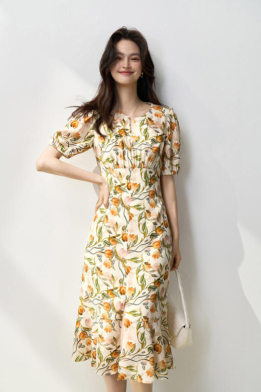 新款裙型郁金香印花鱼尾下摆收腰显瘦连衣裙 商品图1