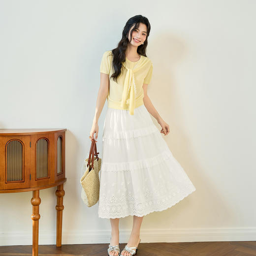 【严选】诗凡黎100%莱赛尔蕾丝拼接披肩针织衫25夏新款法式泡泡袖轻薄上衣7G4430701 商品图0