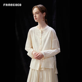 设计师品牌FAMECOCO刺绣简约宽松圆领长袖衬衣F25夏新AD3BH027