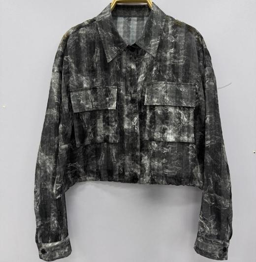 N暗条纹双口袋长袖衬衫（灰） 夏季 152090020321 商品图0