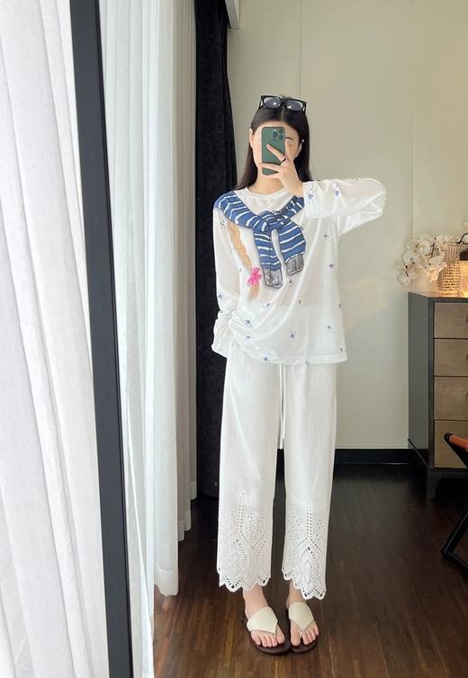 法式刺绣镂空花边纯棉休闲直筒八九分阔腿裤 商品图11