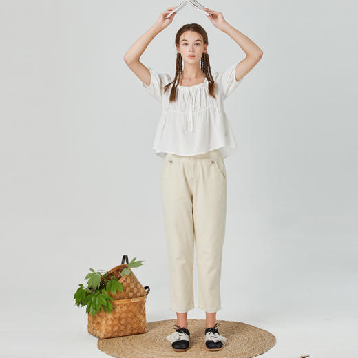 Famecoco范可儿夏季弹力后腰休闲裤女夏直筒裤F223GA504 商品图4