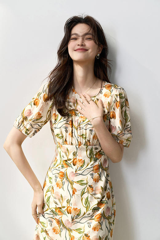 新款裙型郁金香印花鱼尾下摆收腰显瘦连衣裙 商品图6