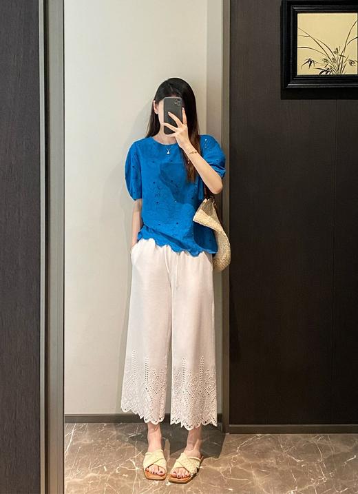 法式刺绣镂空花边纯棉休闲直筒八九分阔腿裤 商品图1