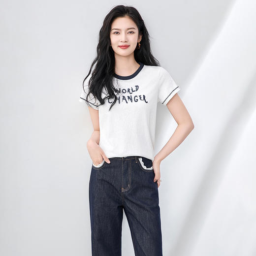 「高货wl」全新升级【铂金会员174/天猫229/差价55】(94912)洛诗琳时尚撞色圆领T恤2025夏季新款宽松气质极简风上衣 商品图0