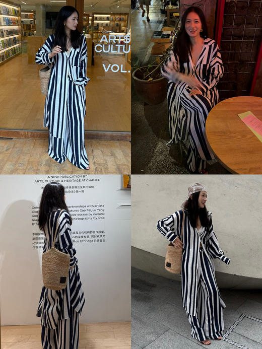 HIDEMI 度假系列慵懒蓝白条纹多重水洗条纹长款衬衫裙阔腿裤套装 商品图3